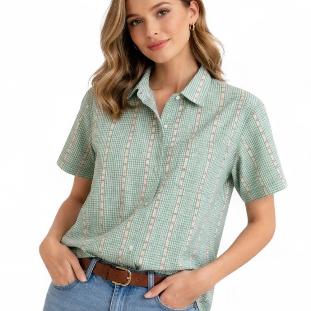 Act III Vintage Green Gingham Floral Stripe Short Sleeve Button Down Shirt Large